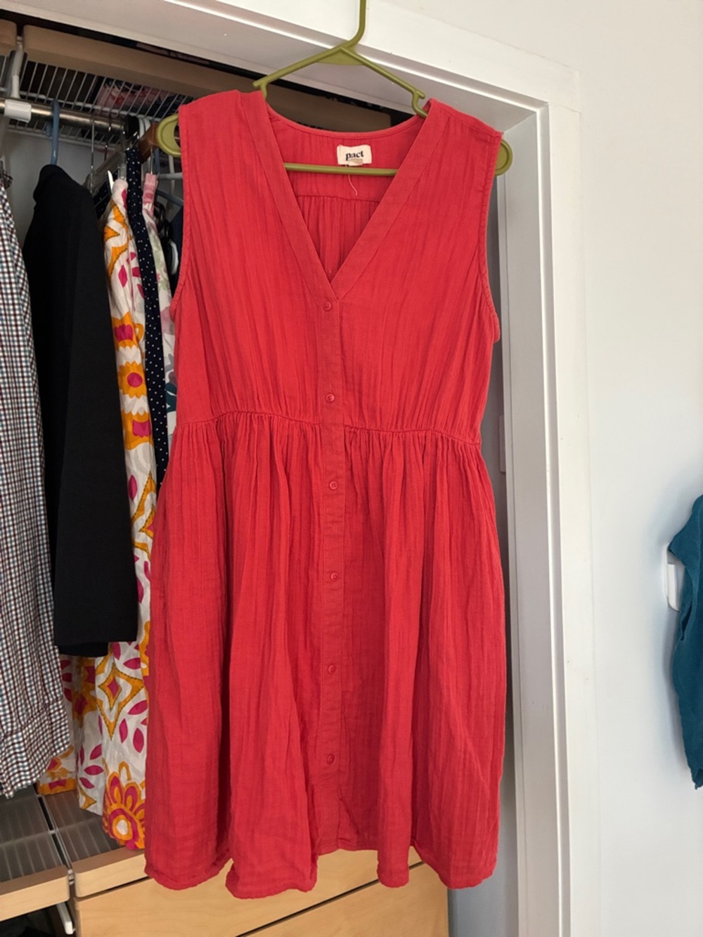 Pact Red Sleeveless Button-Front Mini Dress